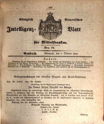 Königlich Bayerisches Intelligenzblatt für Mittelfranken (Ansbacher Intelligenz-Zeitung) Mittwoch 5. Oktober 1842