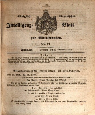 Königlich Bayerisches Intelligenzblatt für Mittelfranken (Ansbacher Intelligenz-Zeitung) Samstag 19. November 1842