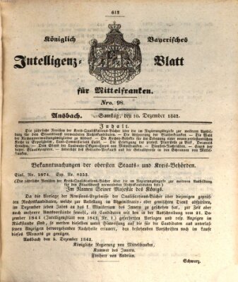 Königlich Bayerisches Intelligenzblatt für Mittelfranken (Ansbacher Intelligenz-Zeitung) Samstag 10. Dezember 1842