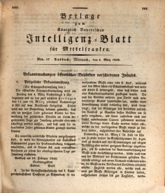 Königlich Bayerisches Intelligenzblatt für Mittelfranken (Ansbacher Intelligenz-Zeitung) Mittwoch 2. März 1842