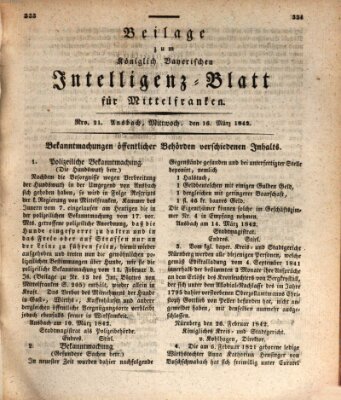 Königlich Bayerisches Intelligenzblatt für Mittelfranken (Ansbacher Intelligenz-Zeitung) Mittwoch 16. März 1842