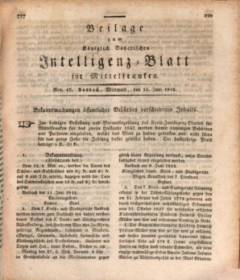 Königlich Bayerisches Intelligenzblatt für Mittelfranken (Ansbacher Intelligenz-Zeitung) Mittwoch 15. Juni 1842