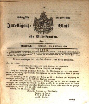 Königlich Bayerisches Intelligenzblatt für Mittelfranken (Ansbacher Intelligenz-Zeitung) Mittwoch 8. Februar 1843