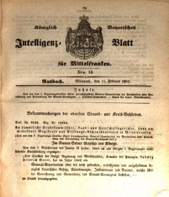 Königlich Bayerisches Intelligenzblatt für Mittelfranken (Ansbacher Intelligenz-Zeitung) Mittwoch 15. Februar 1843