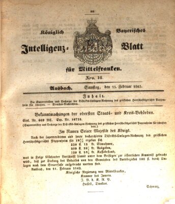 Königlich Bayerisches Intelligenzblatt für Mittelfranken (Ansbacher Intelligenz-Zeitung) Samstag 25. Februar 1843