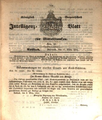 Königlich Bayerisches Intelligenzblatt für Mittelfranken (Ansbacher Intelligenz-Zeitung) Mittwoch 15. März 1843