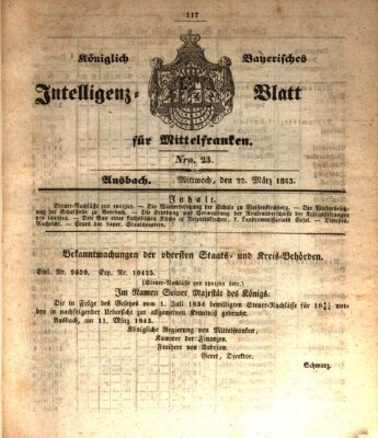 Königlich Bayerisches Intelligenzblatt für Mittelfranken (Ansbacher Intelligenz-Zeitung) Mittwoch 22. März 1843