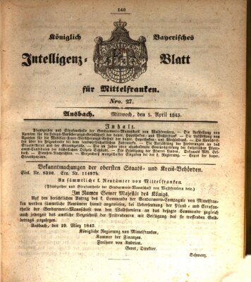 Königlich Bayerisches Intelligenzblatt für Mittelfranken (Ansbacher Intelligenz-Zeitung) Mittwoch 5. April 1843