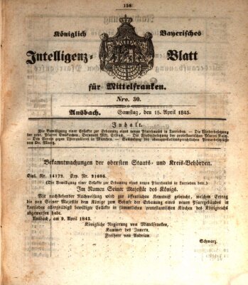 Königlich Bayerisches Intelligenzblatt für Mittelfranken (Ansbacher Intelligenz-Zeitung) Samstag 15. April 1843