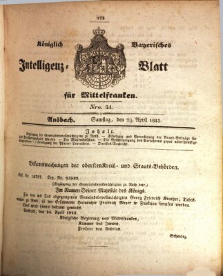 Königlich Bayerisches Intelligenzblatt für Mittelfranken (Ansbacher Intelligenz-Zeitung) Samstag 29. April 1843