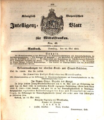 Königlich Bayerisches Intelligenzblatt für Mittelfranken (Ansbacher Intelligenz-Zeitung) Samstag 20. Mai 1843