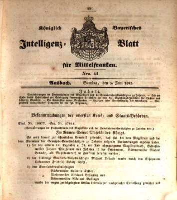 Königlich Bayerisches Intelligenzblatt für Mittelfranken (Ansbacher Intelligenz-Zeitung) Samstag 3. Juni 1843