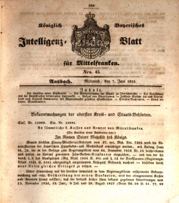 Königlich Bayerisches Intelligenzblatt für Mittelfranken (Ansbacher Intelligenz-Zeitung) Mittwoch 7. Juni 1843