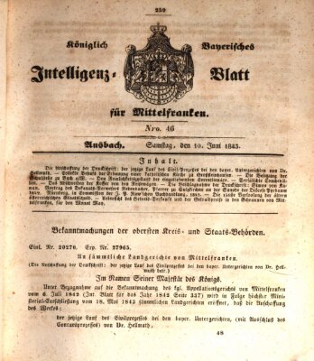 Königlich Bayerisches Intelligenzblatt für Mittelfranken (Ansbacher Intelligenz-Zeitung) Samstag 10. Juni 1843