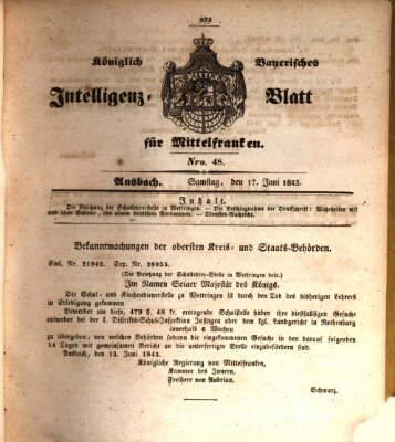 Königlich Bayerisches Intelligenzblatt für Mittelfranken (Ansbacher Intelligenz-Zeitung) Samstag 17. Juni 1843