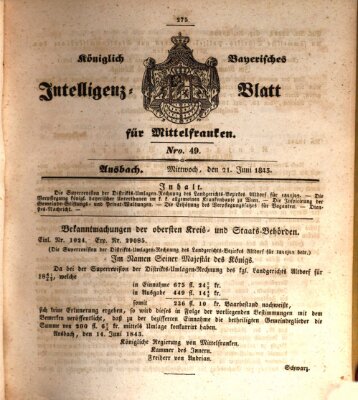 Königlich Bayerisches Intelligenzblatt für Mittelfranken (Ansbacher Intelligenz-Zeitung) Mittwoch 21. Juni 1843