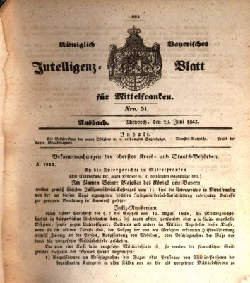 Königlich Bayerisches Intelligenzblatt für Mittelfranken (Ansbacher Intelligenz-Zeitung) Mittwoch 28. Juni 1843