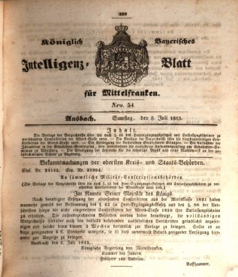 Königlich Bayerisches Intelligenzblatt für Mittelfranken (Ansbacher Intelligenz-Zeitung) Samstag 8. Juli 1843