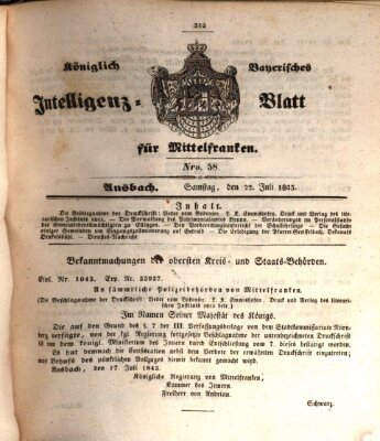 Königlich Bayerisches Intelligenzblatt für Mittelfranken (Ansbacher Intelligenz-Zeitung) Samstag 22. Juli 1843