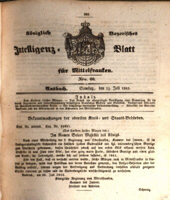 Königlich Bayerisches Intelligenzblatt für Mittelfranken (Ansbacher Intelligenz-Zeitung) Samstag 29. Juli 1843