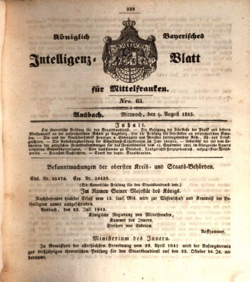 Königlich Bayerisches Intelligenzblatt für Mittelfranken (Ansbacher Intelligenz-Zeitung) Mittwoch 9. August 1843