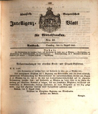 Königlich Bayerisches Intelligenzblatt für Mittelfranken (Ansbacher Intelligenz-Zeitung) Samstag 12. August 1843