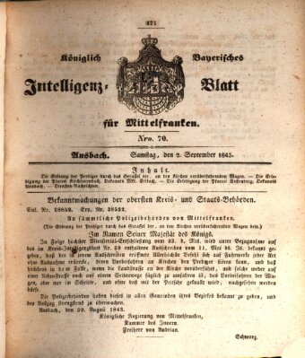 Königlich Bayerisches Intelligenzblatt für Mittelfranken (Ansbacher Intelligenz-Zeitung) Samstag 2. September 1843