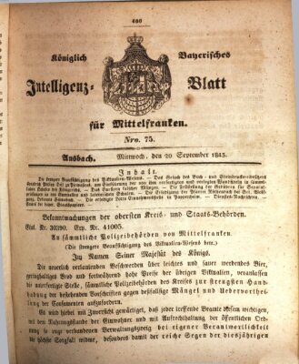 Königlich Bayerisches Intelligenzblatt für Mittelfranken (Ansbacher Intelligenz-Zeitung) Mittwoch 20. September 1843