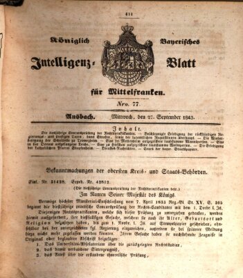 Königlich Bayerisches Intelligenzblatt für Mittelfranken (Ansbacher Intelligenz-Zeitung) Mittwoch 27. September 1843