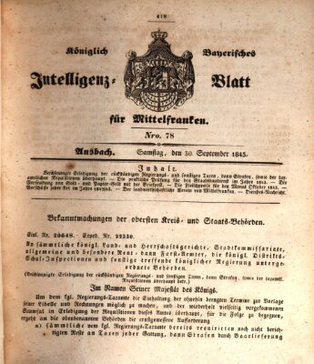 Königlich Bayerisches Intelligenzblatt für Mittelfranken (Ansbacher Intelligenz-Zeitung) Samstag 30. September 1843