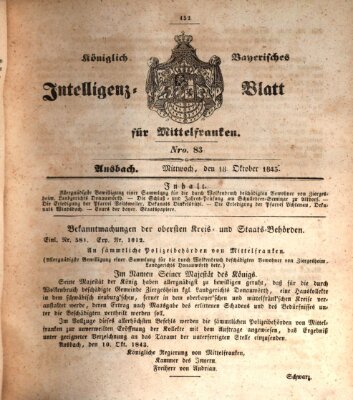 Königlich Bayerisches Intelligenzblatt für Mittelfranken (Ansbacher Intelligenz-Zeitung) Mittwoch 18. Oktober 1843