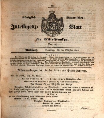 Königlich Bayerisches Intelligenzblatt für Mittelfranken (Ansbacher Intelligenz-Zeitung) Samstag 28. Oktober 1843