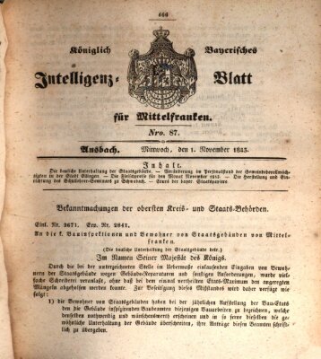 Königlich Bayerisches Intelligenzblatt für Mittelfranken (Ansbacher Intelligenz-Zeitung) Mittwoch 1. November 1843