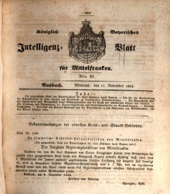 Königlich Bayerisches Intelligenzblatt für Mittelfranken (Ansbacher Intelligenz-Zeitung) Mittwoch 15. November 1843