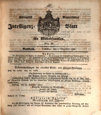 Königlich Bayerisches Intelligenzblatt für Mittelfranken (Ansbacher Intelligenz-Zeitung) Samstag 2. Dezember 1843