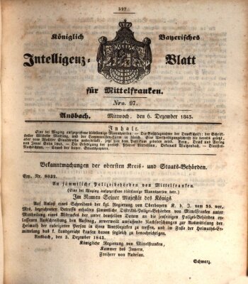 Königlich Bayerisches Intelligenzblatt für Mittelfranken (Ansbacher Intelligenz-Zeitung) Mittwoch 6. Dezember 1843