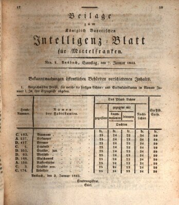 Königlich Bayerisches Intelligenzblatt für Mittelfranken (Ansbacher Intelligenz-Zeitung) Samstag 7. Januar 1843