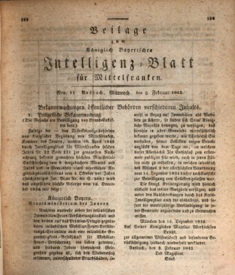 Königlich Bayerisches Intelligenzblatt für Mittelfranken (Ansbacher Intelligenz-Zeitung) Mittwoch 8. Februar 1843