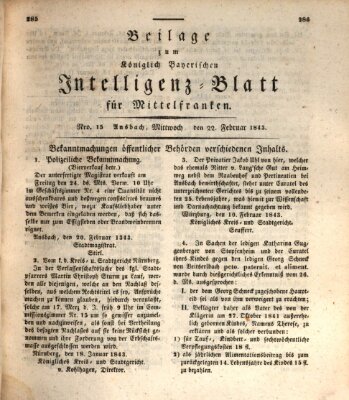 Königlich Bayerisches Intelligenzblatt für Mittelfranken (Ansbacher Intelligenz-Zeitung) Mittwoch 22. Februar 1843