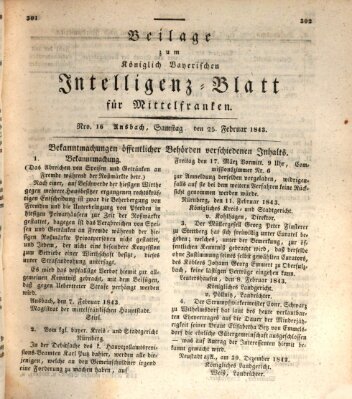 Königlich Bayerisches Intelligenzblatt für Mittelfranken (Ansbacher Intelligenz-Zeitung) Samstag 25. Februar 1843