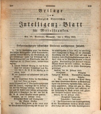 Königlich Bayerisches Intelligenzblatt für Mittelfranken (Ansbacher Intelligenz-Zeitung) Mittwoch 1. März 1843