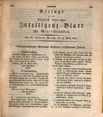 Königlich Bayerisches Intelligenzblatt für Mittelfranken (Ansbacher Intelligenz-Zeitung) Mittwoch 15. März 1843