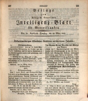 Königlich Bayerisches Intelligenzblatt für Mittelfranken (Ansbacher Intelligenz-Zeitung) Samstag 18. März 1843