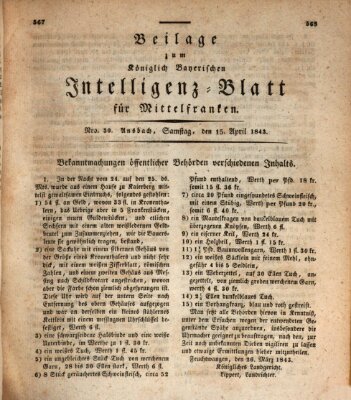 Königlich Bayerisches Intelligenzblatt für Mittelfranken (Ansbacher Intelligenz-Zeitung) Samstag 15. April 1843