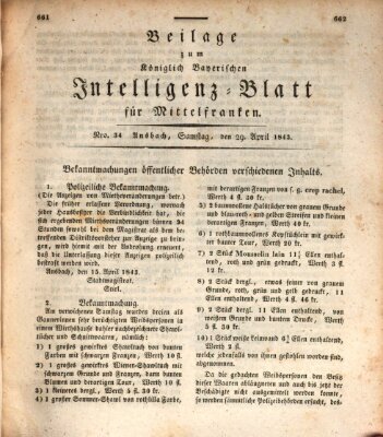 Königlich Bayerisches Intelligenzblatt für Mittelfranken (Ansbacher Intelligenz-Zeitung) Samstag 29. April 1843