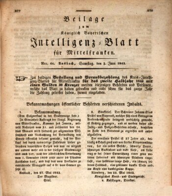 Königlich Bayerisches Intelligenzblatt für Mittelfranken (Ansbacher Intelligenz-Zeitung) Samstag 3. Juni 1843