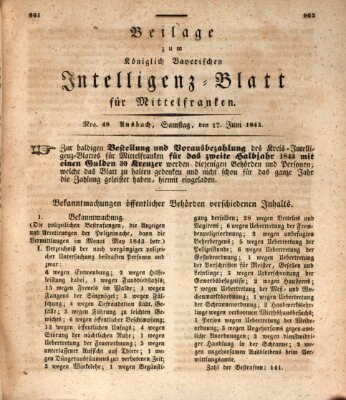 Königlich Bayerisches Intelligenzblatt für Mittelfranken (Ansbacher Intelligenz-Zeitung) Samstag 17. Juni 1843