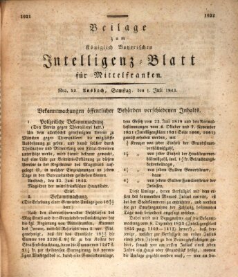 Königlich Bayerisches Intelligenzblatt für Mittelfranken (Ansbacher Intelligenz-Zeitung) Samstag 1. Juli 1843