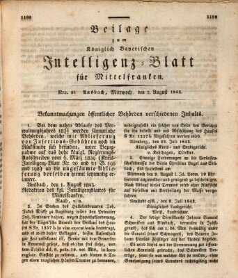 Königlich Bayerisches Intelligenzblatt für Mittelfranken (Ansbacher Intelligenz-Zeitung) Mittwoch 2. August 1843