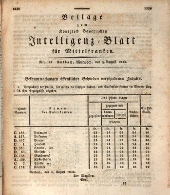 Königlich Bayerisches Intelligenzblatt für Mittelfranken (Ansbacher Intelligenz-Zeitung) Mittwoch 9. August 1843